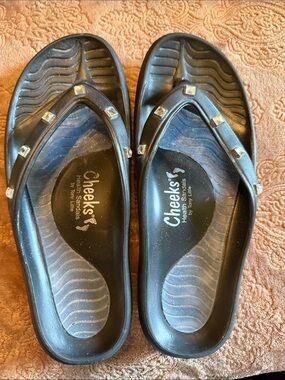 2 pairs of Cheeks one Black & one coral studded Flip Flop Sandals
